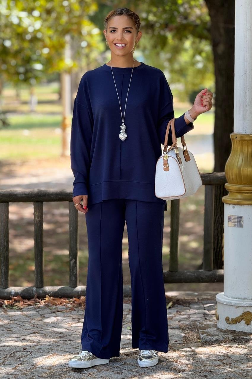 Lacivert Modal Kumaş Pantolon Bluz Takım