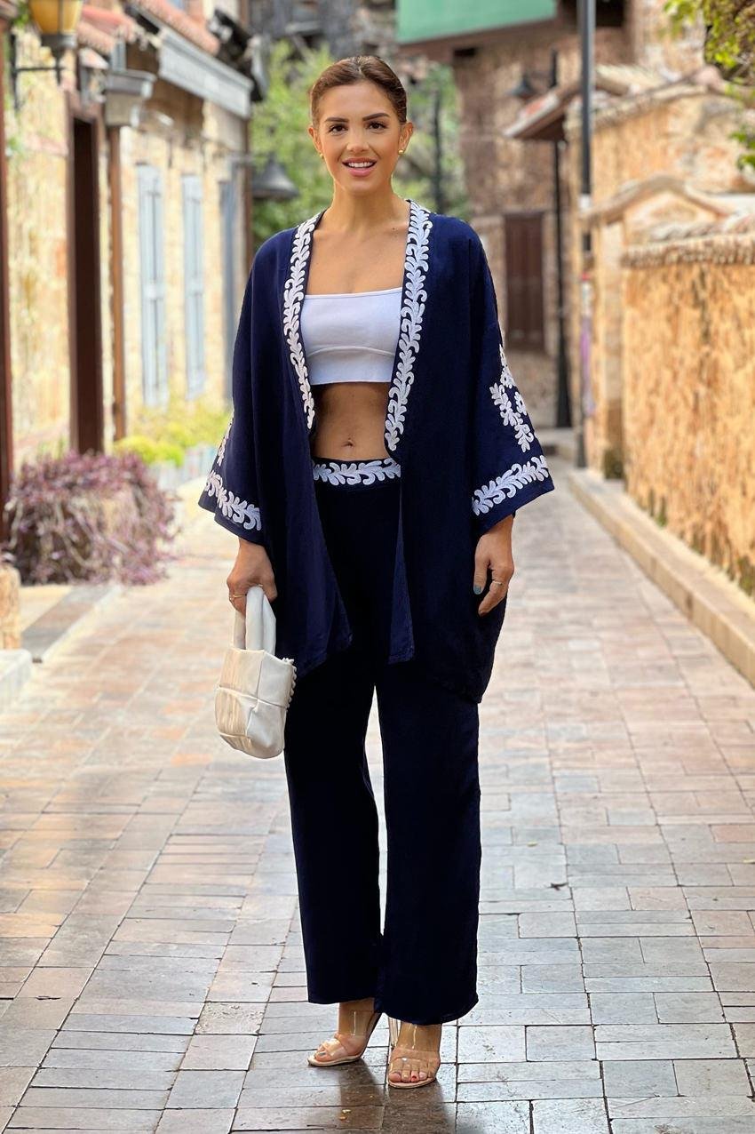 Lacivert Nakışlı Pantolon Ceket İkili Takım