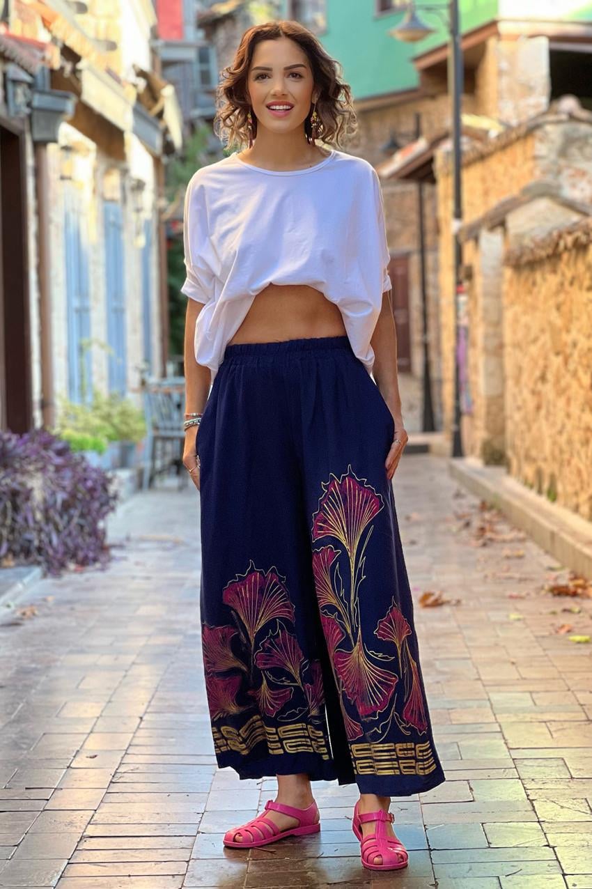 Lacivert Nilüfer Desenli Pantolon Etek