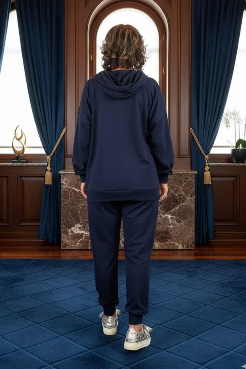 LACİVERT Omuz ve Cebi Taş Detaylı Eşofman Takım