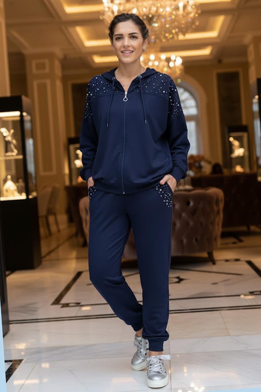 LACİVERT Omuz ve Cebi Taş Detaylı Eşofman Takım