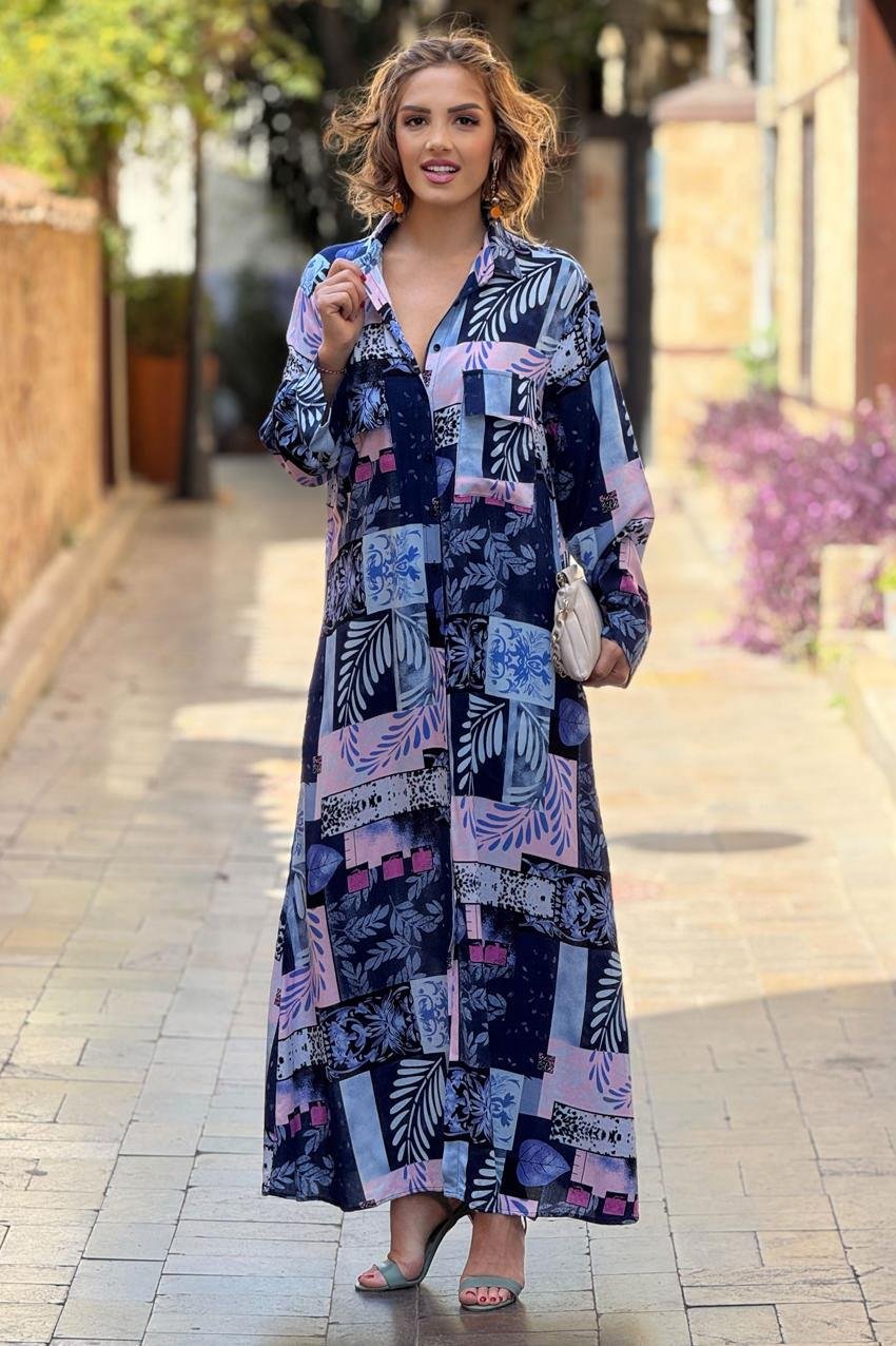Lacivert Renk Dama Desenli %100 Pamuk Viskon Gömlek Elbise