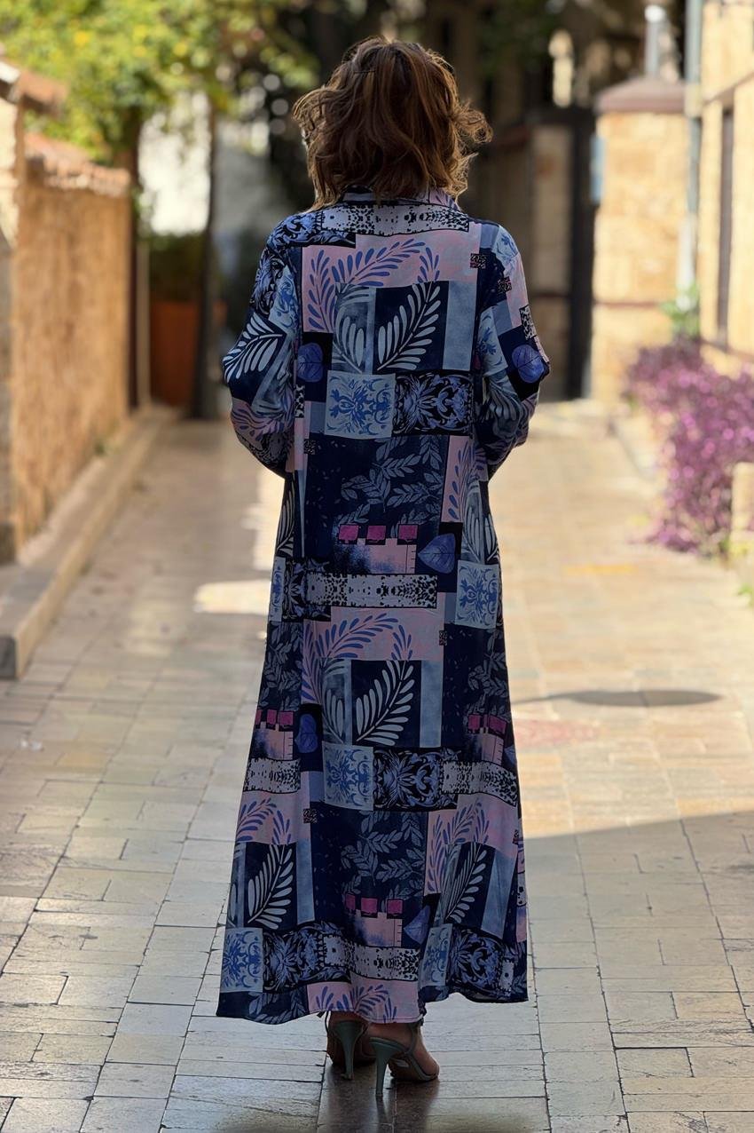 Lacivert Renk Dama Desenli %100 Pamuk Viskon Gömlek Elbise