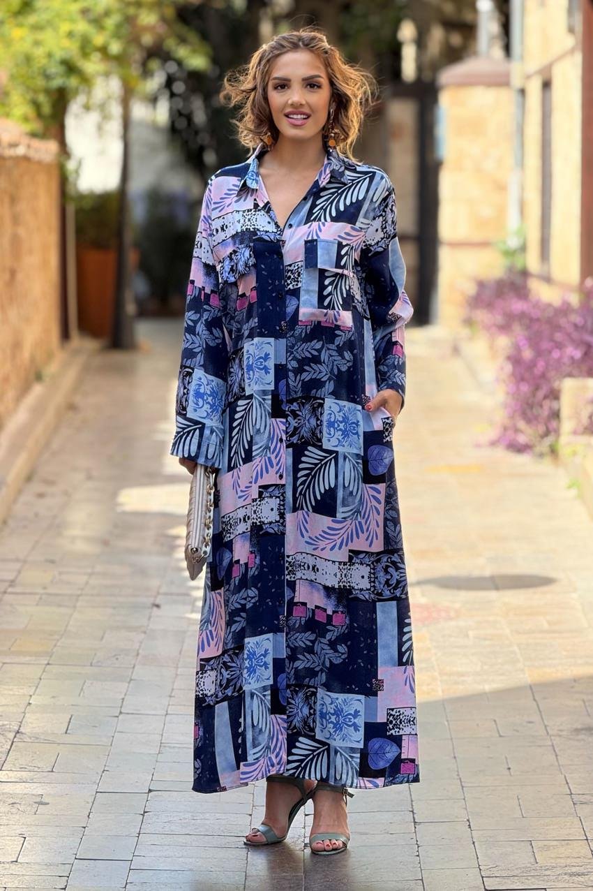 Lacivert Renk Dama Desenli %100 Pamuk Viskon Gömlek Elbise