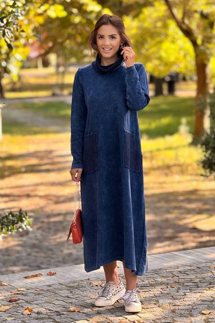 Lacivert Renk Degaje Yaka %100 Pamuk Triko Elbise