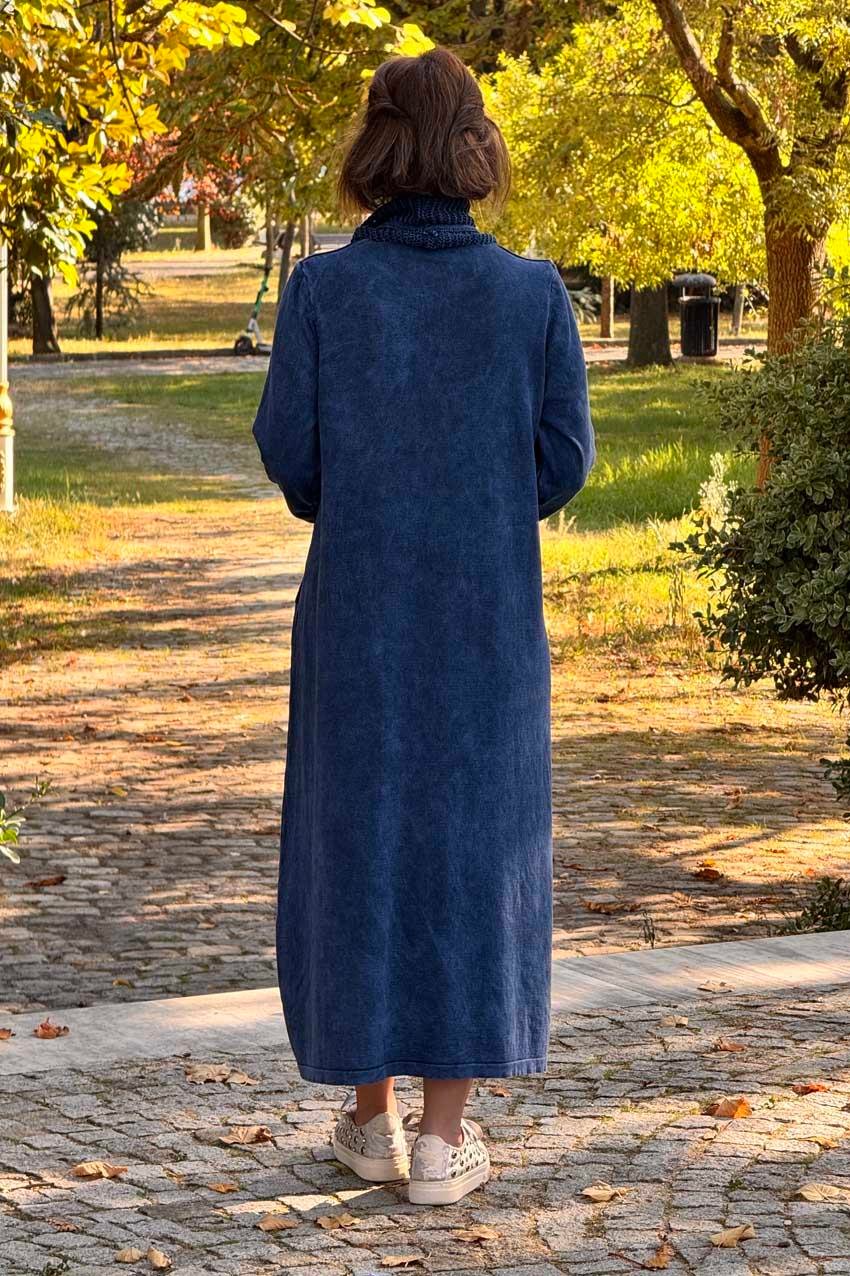 Lacivert Renk Degaje Yaka %100 Pamuk Triko Elbise