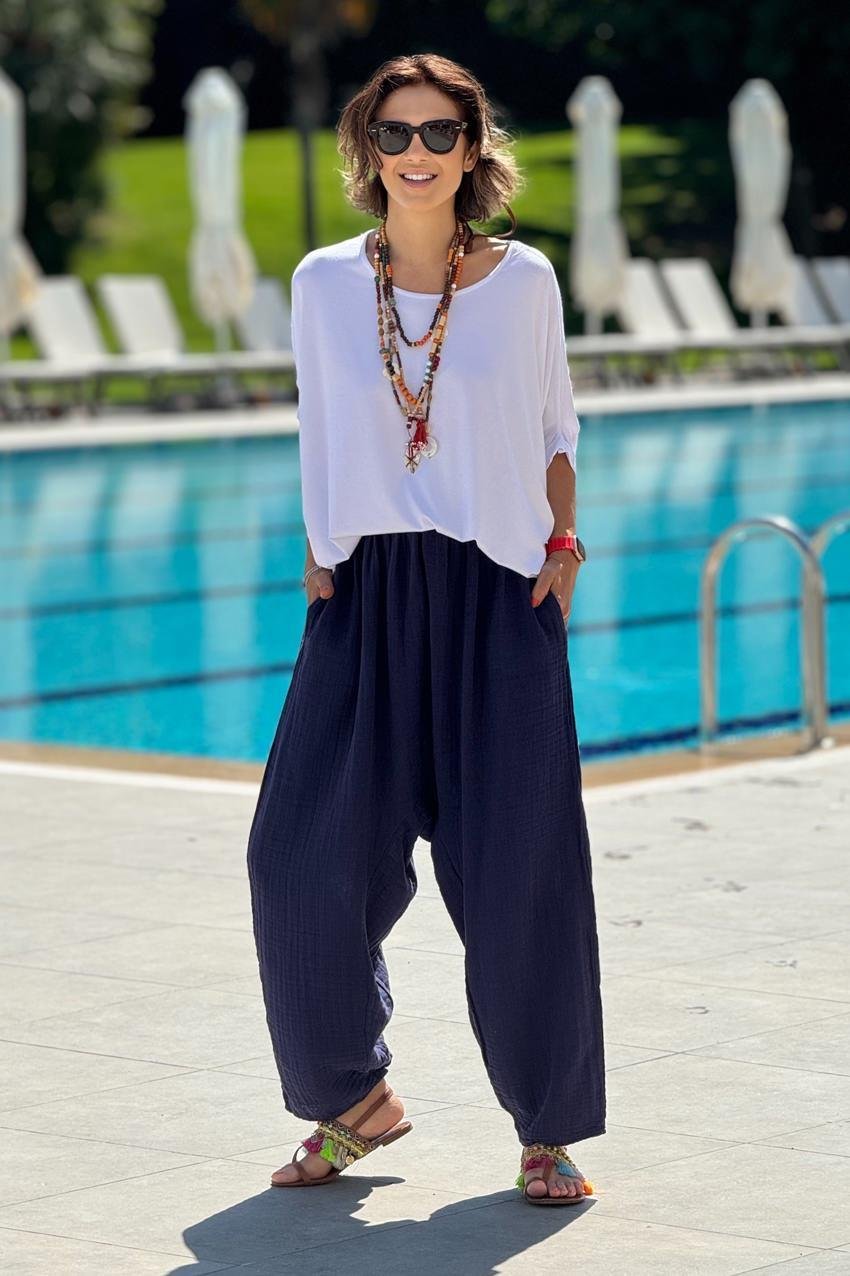 Lacivert Renk Sezai Şalvar - %100 Pamuk Müslin Kumaş