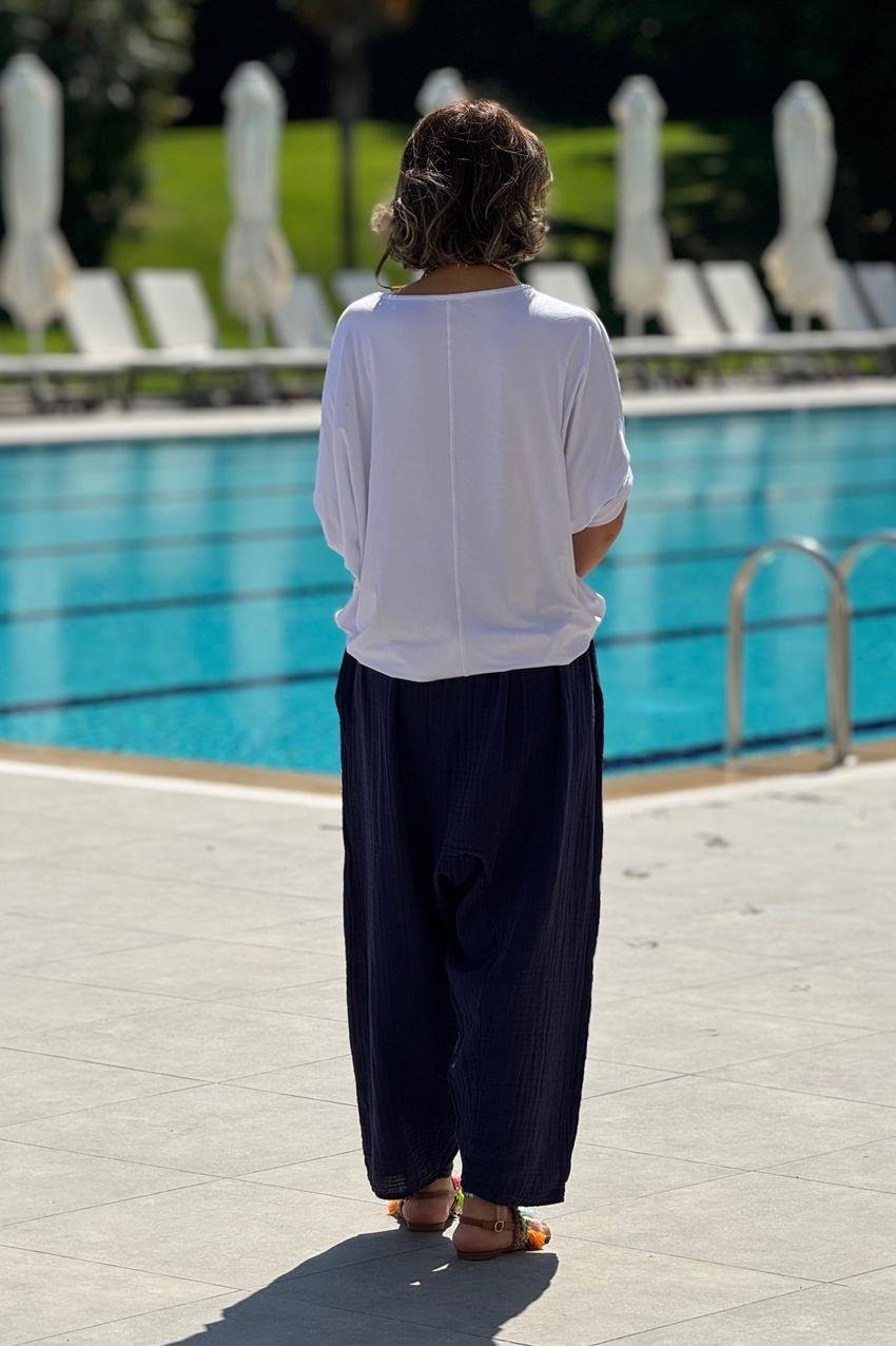 Lacivert Renk Sezai Şalvar - %100 Pamuk Müslin Kumaş