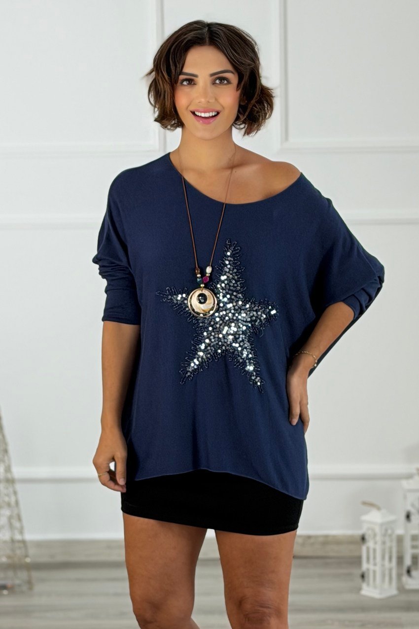 Lacivert Star Pul Payetli Bluz