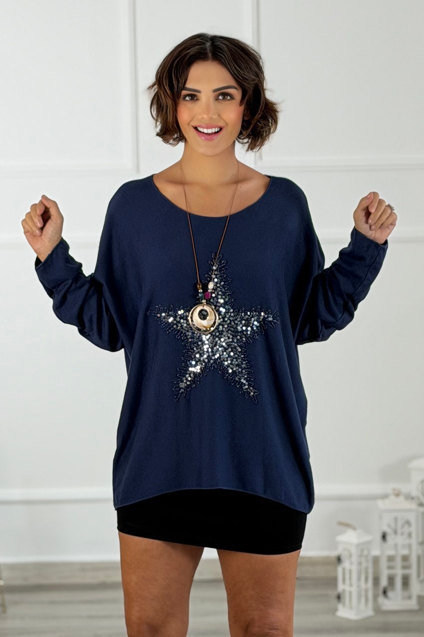 Lacivert Star Pul Payetli Bluz