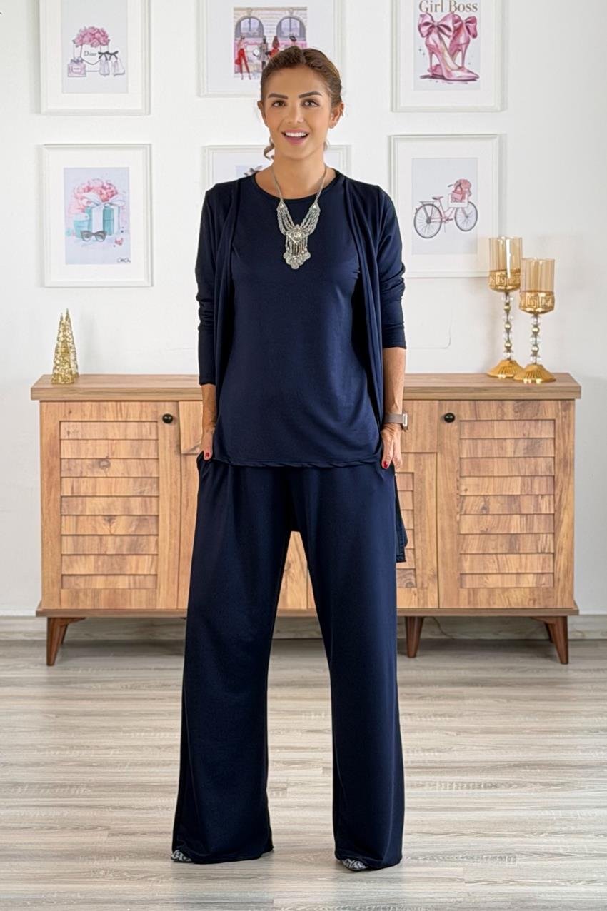 Lacivert Üçlü Pantolon Bluz Hırka %100 Pamuk Modal Kumaş Takım