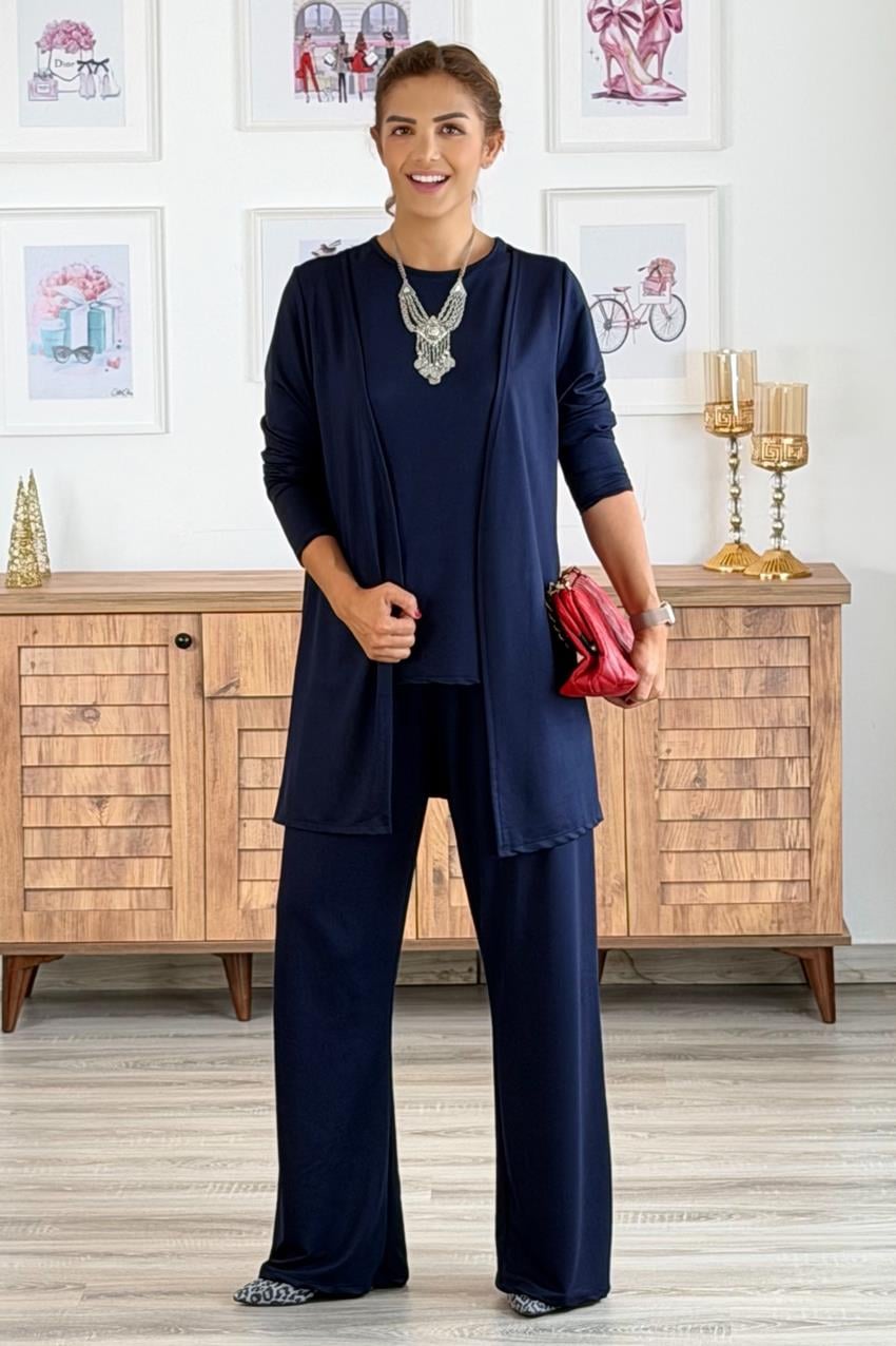 Lacivert Üçlü Pantolon Bluz Hırka %100 Pamuk Modal Kumaş Takım