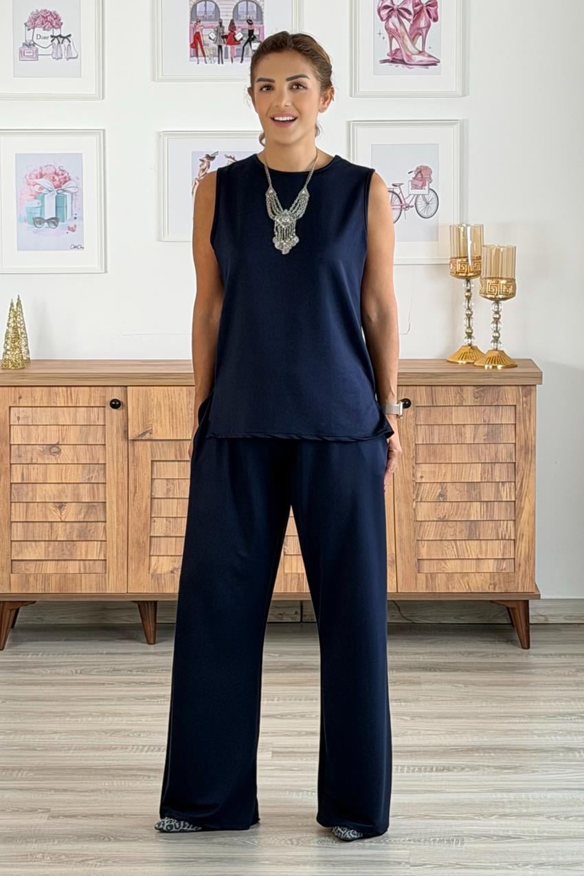 Lacivert Üçlü Pantolon Bluz Hırka %100 Pamuk Modal Kumaş Takım