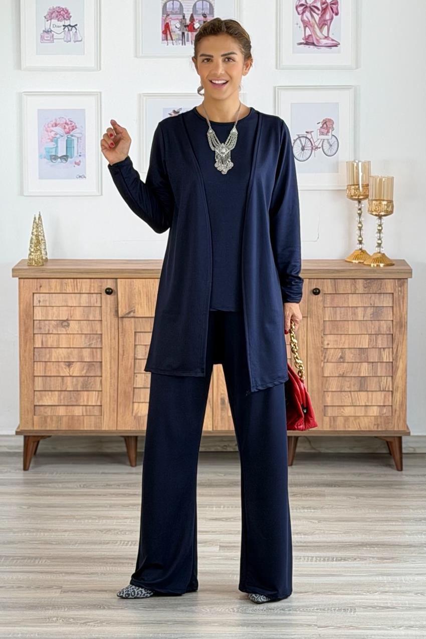 Lacivert Üçlü Pantolon Bluz Hırka %100 Pamuk Modal Kumaş Takım