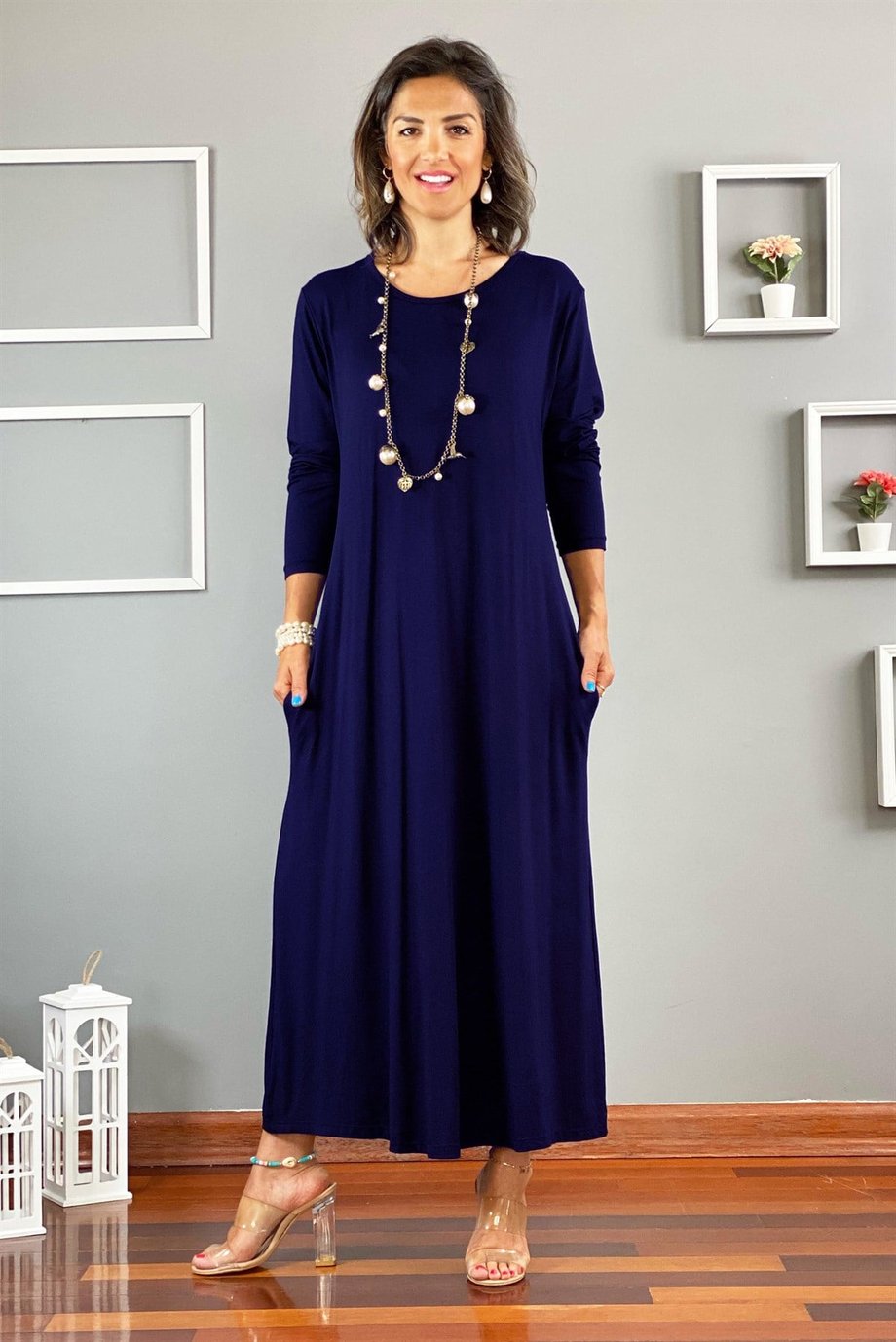 Lacivert Uzun Kol Penye Elbise