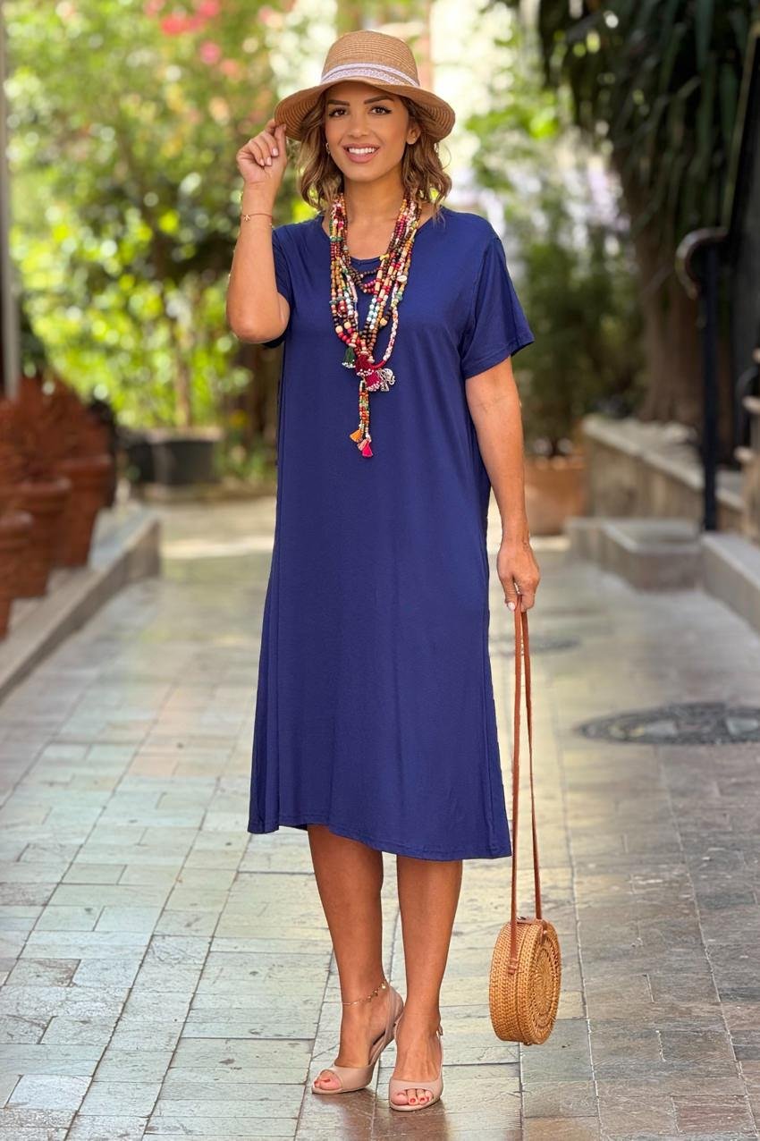 Lacivert V Yaka Basic Pamuklu Penye Elbise