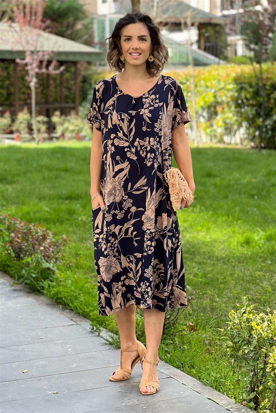 Lacivert Yaprak Desenli Penye Viskon Elbise