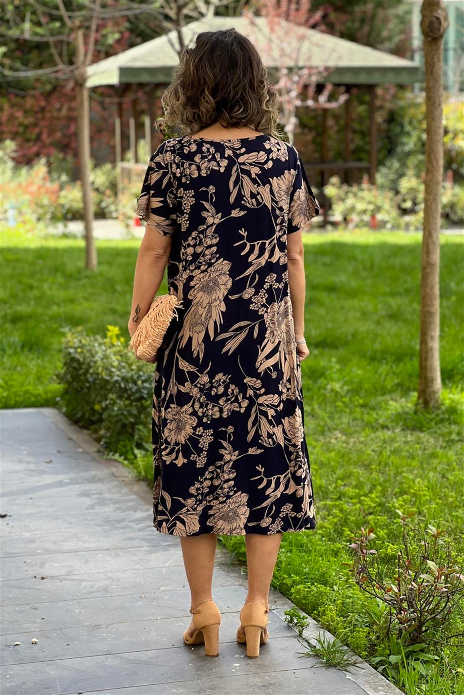 Lacivert Yaprak Desenli Penye Viskon Elbise