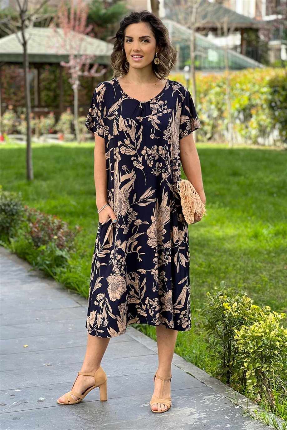 Lacivert Yaprak Desenli Penye Viskon Elbise