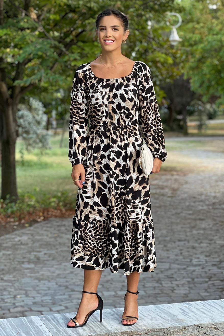 Leopar Desenli Madonna Yaka Elbise