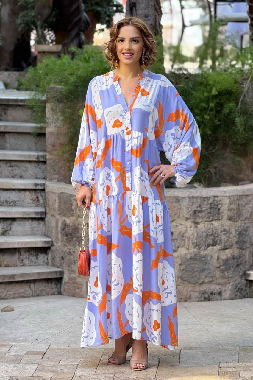 Lila Çiçekli %100 Pamuk Viskon Elbise