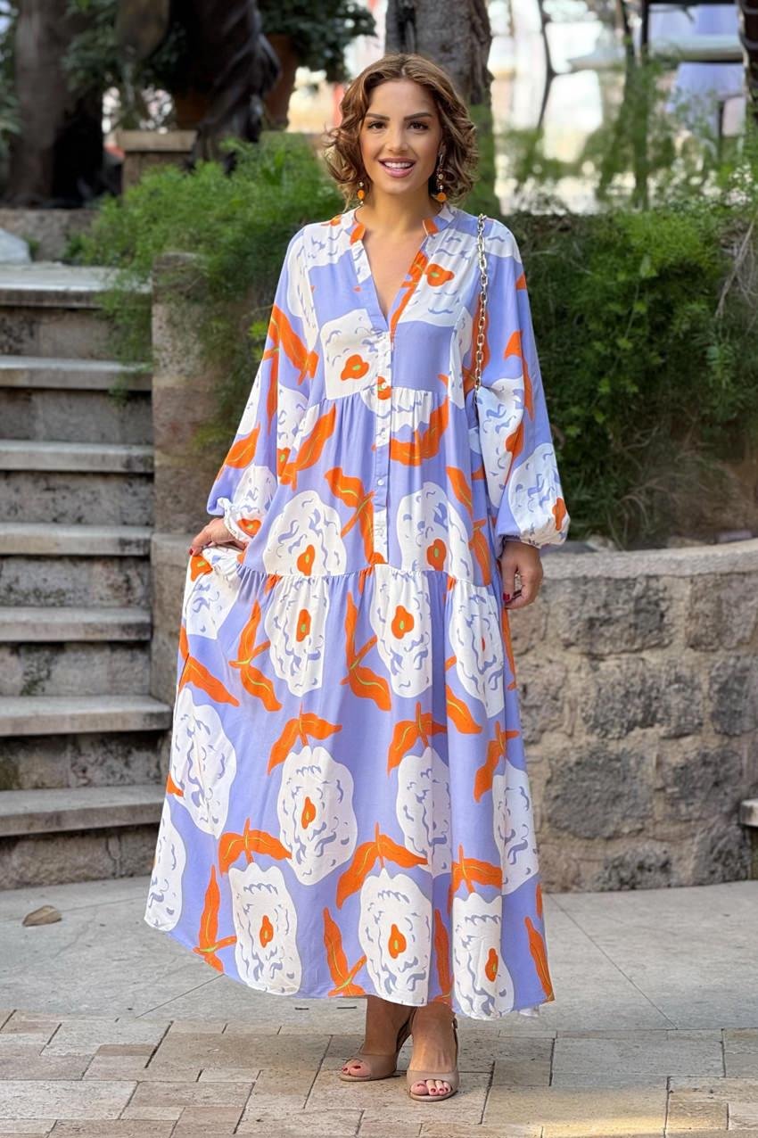 Lila Çiçekli %100 Pamuk Viskon Elbise