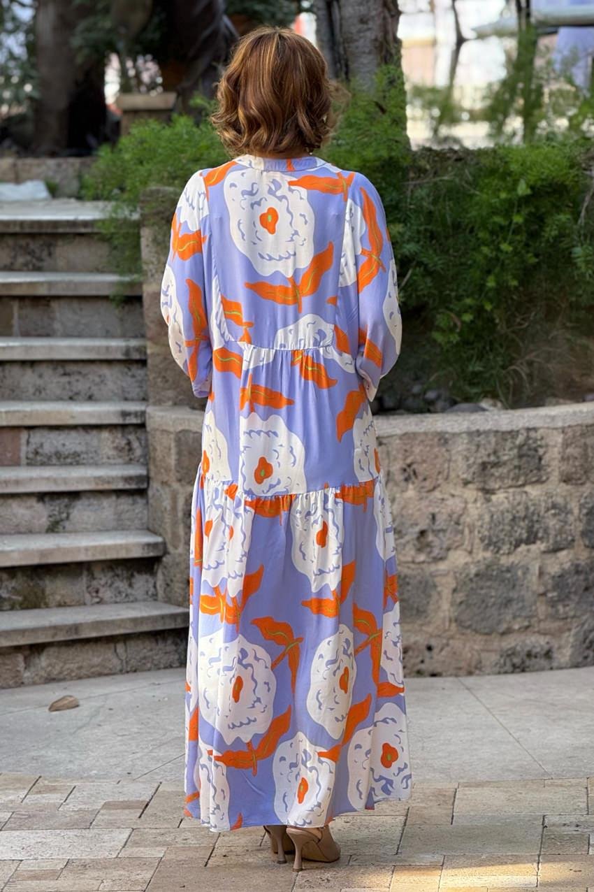 Lila Çiçekli %100 Pamuk Viskon Elbise