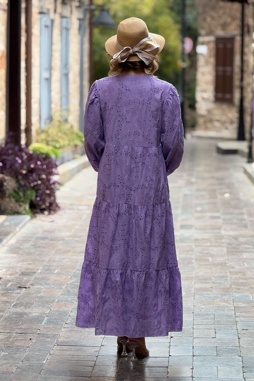 Lila V Yaka Fistolu Astarlı Elbise