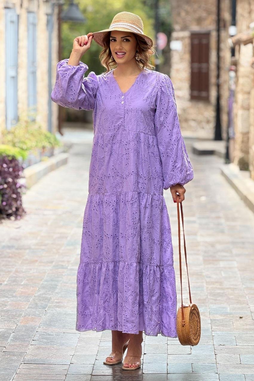 Lila V Yaka Fistolu Astarlı Elbise