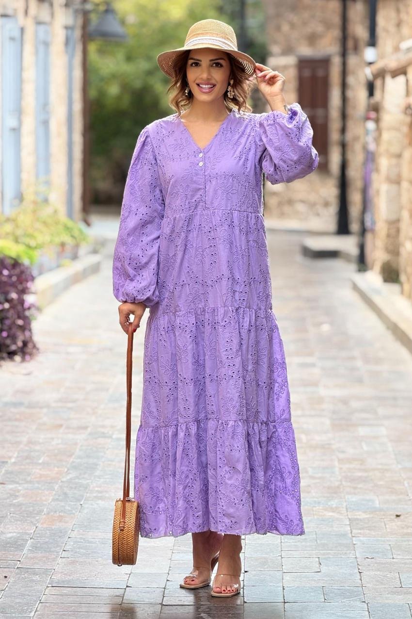 Lila V Yaka Fistolu Astarlı Elbise