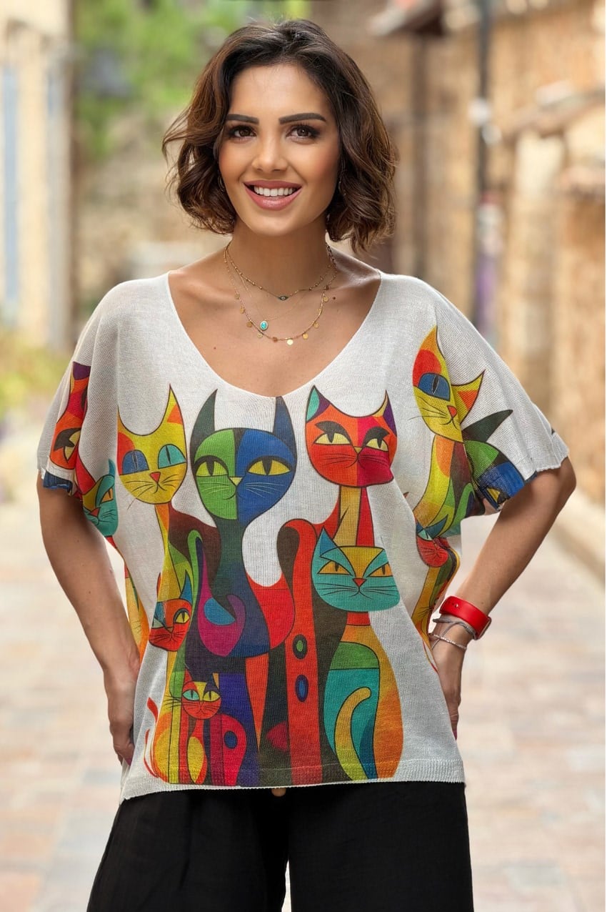 Mask Kedi Desenli İtalyan Merserize Bluz