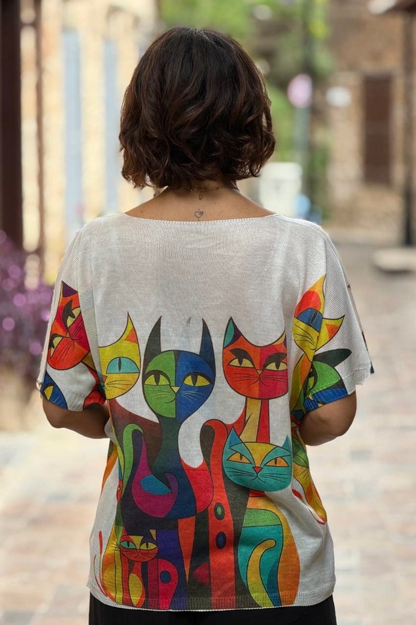 Mask Kedi Desenli İtalyan Merserize Bluz