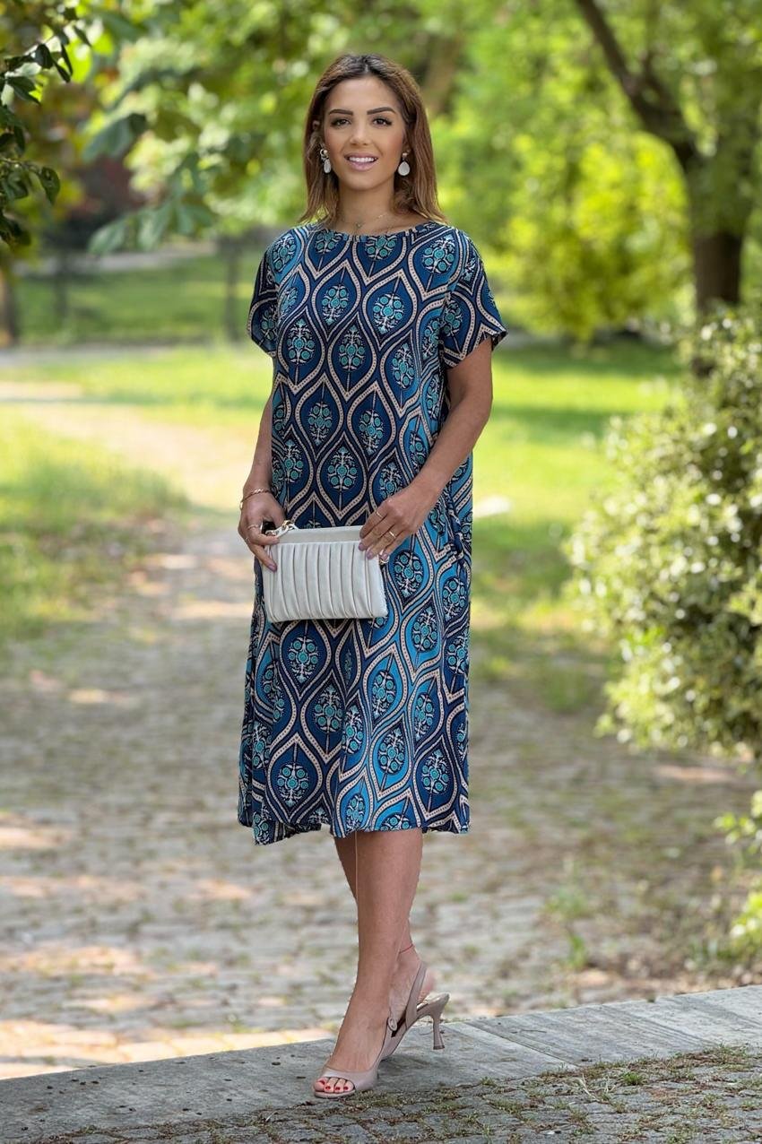 Mavi Alaçatı Desenli %100 Pamuk Viskon Elbise
