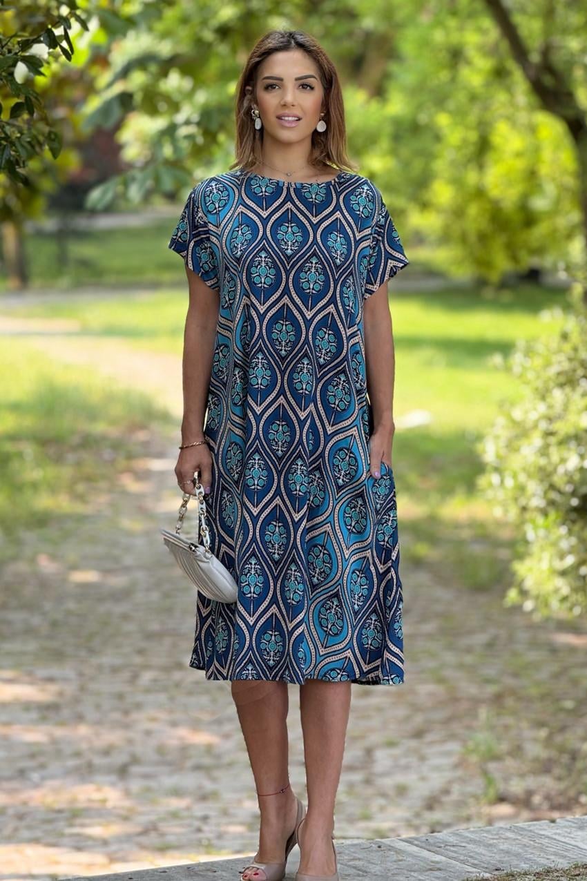 Mavi Alaçatı Desenli %100 Pamuk Viskon Elbise