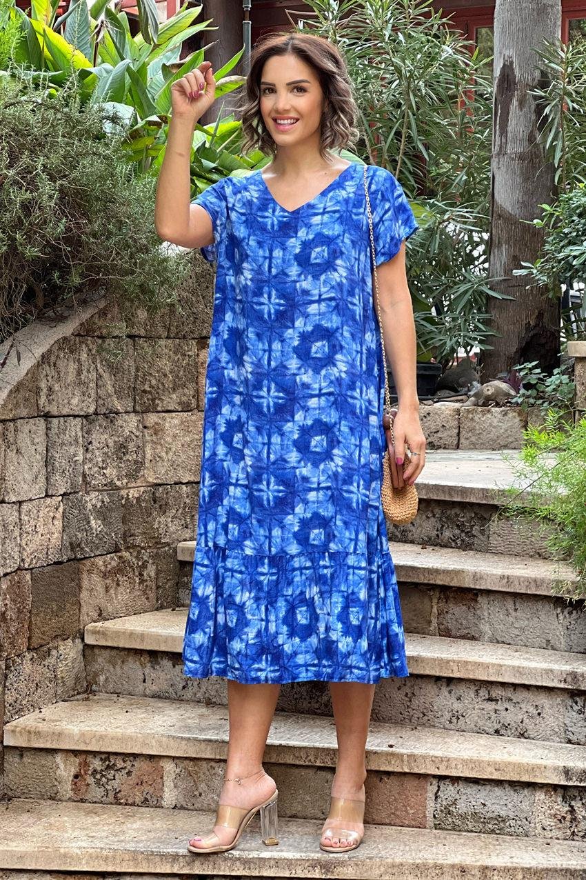 Mavi Batik Desenli %100 Pamuk Viskon Elbise