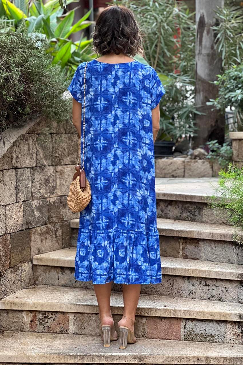 Mavi Batik Desenli %100 Pamuk Viskon Elbise