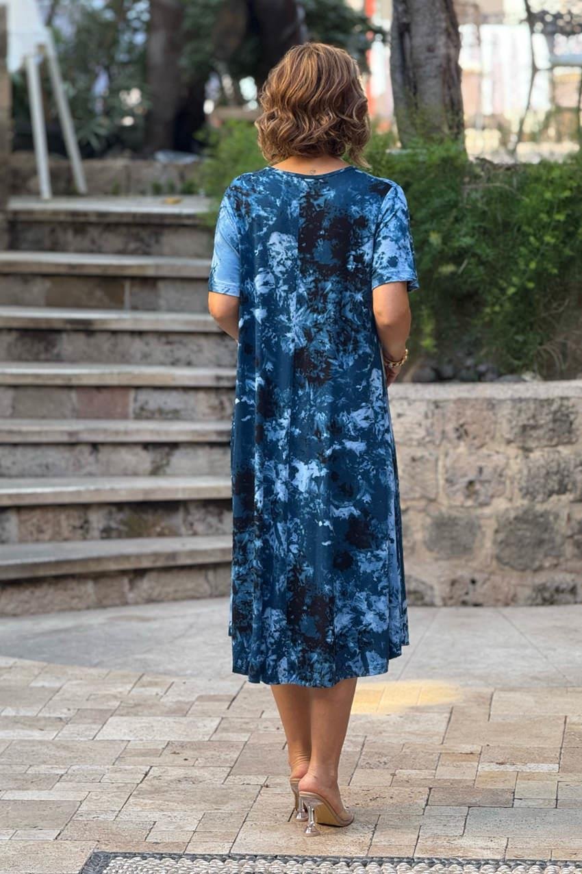 Mavi Batik Desenli Pamuklu Elbise