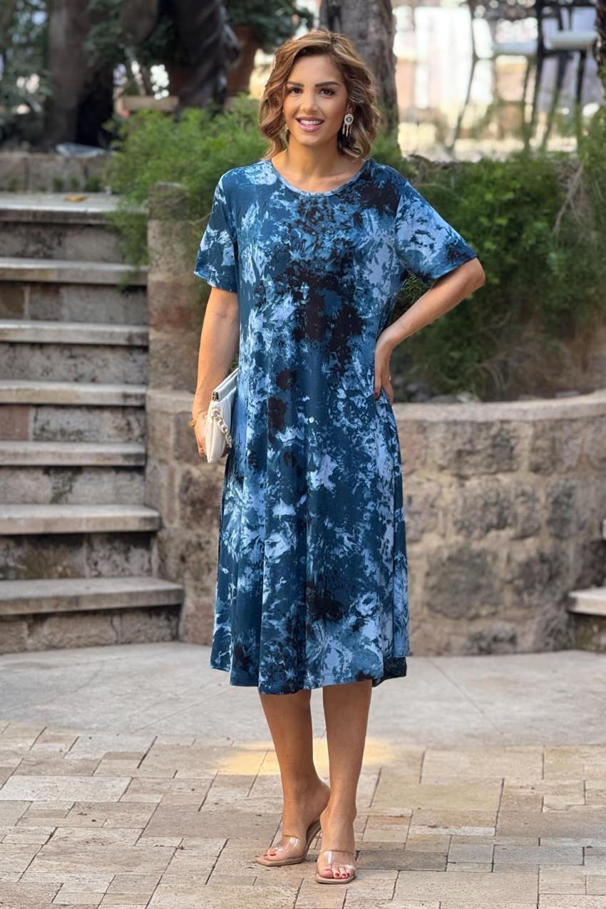 Mavi Batik Desenli Pamuklu Elbise