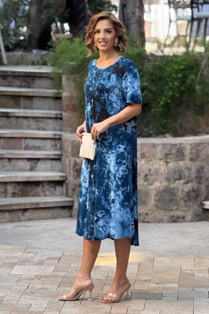 Mavi Batik Desenli Pamuklu Elbise