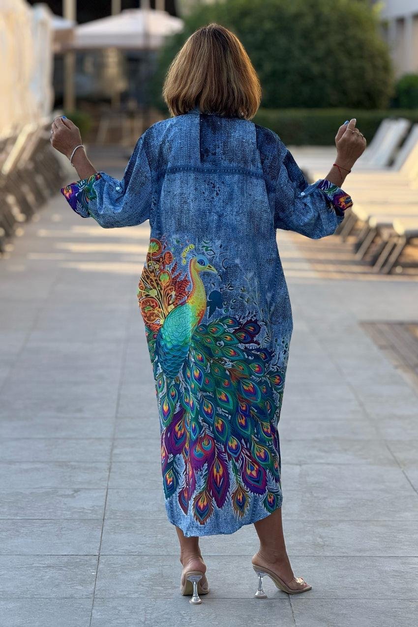 Mavi Boho Tavuskuşu Desenli Salaş Elbise