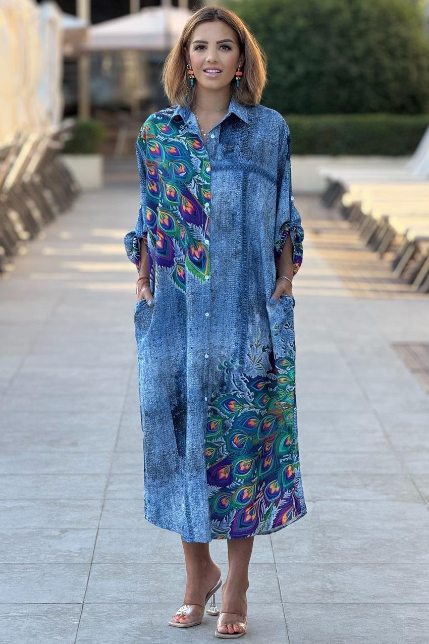 Mavi Boho Tavuskuşu Desenli Salaş Elbise