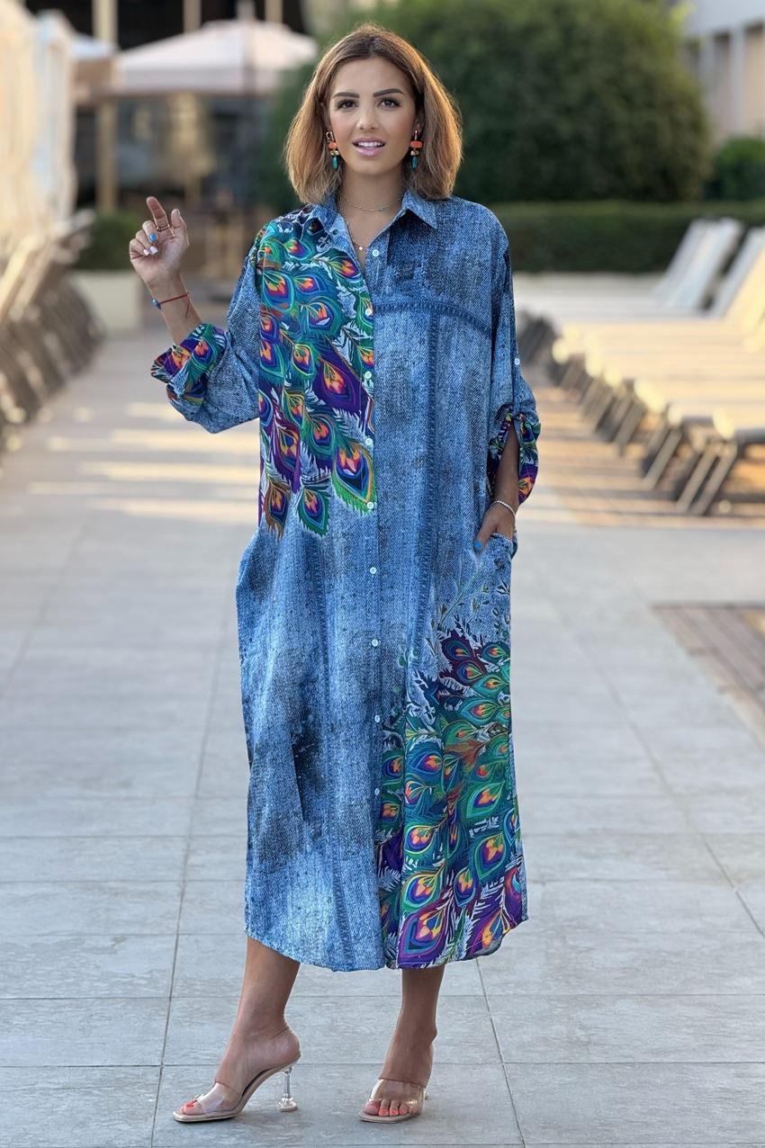 Mavi Boho Tavuskuşu Desenli Salaş Elbise
