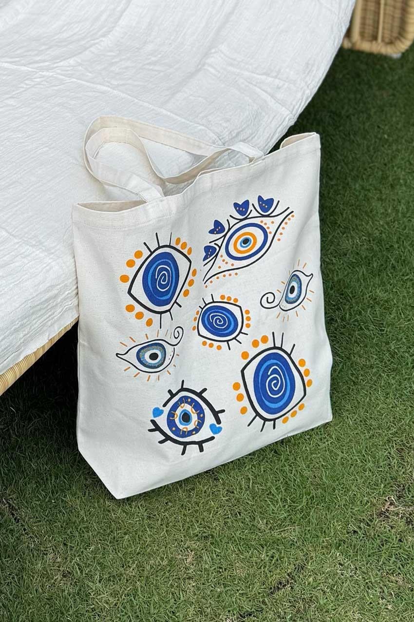 Mavi Boncuk Desenli Bez Çanta