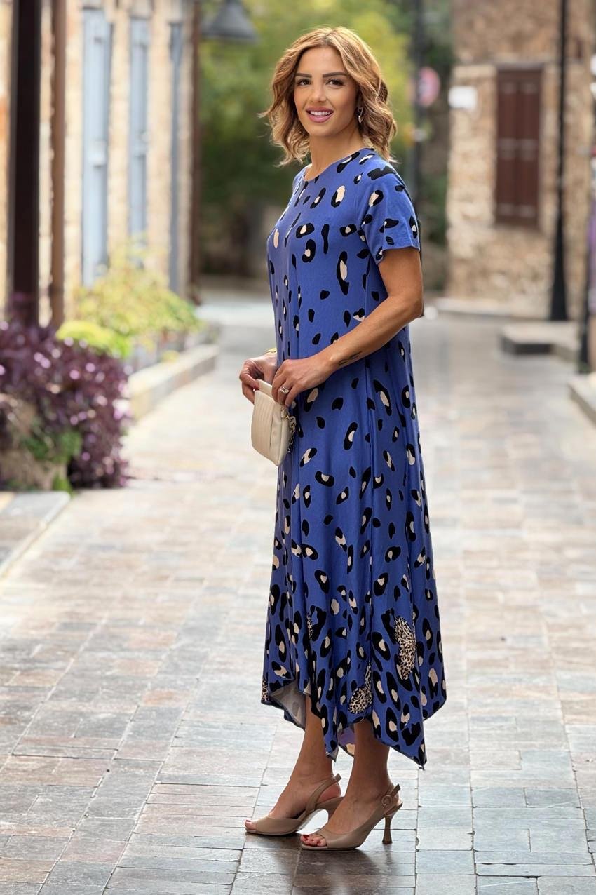 Mavi Dalmaçyalı Desen Verev Kesim Elbise
