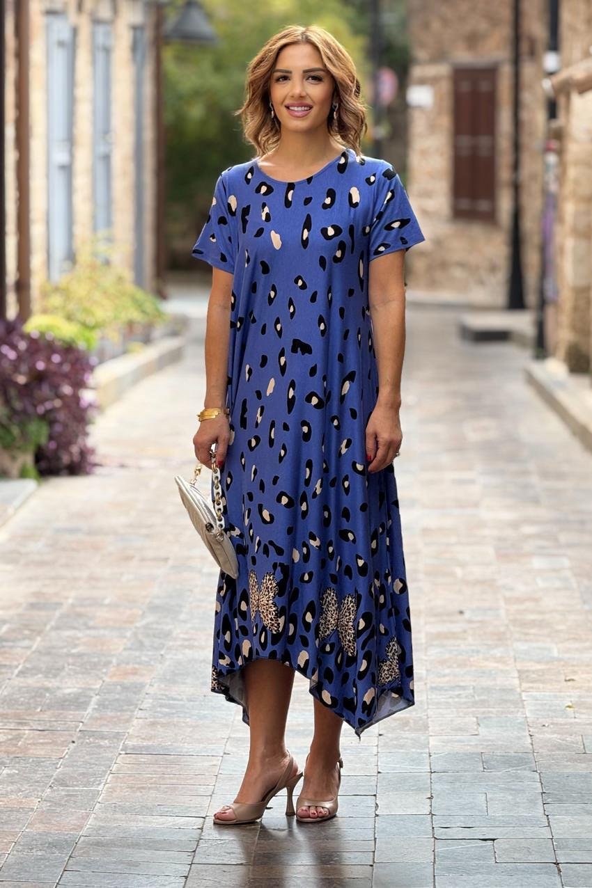 Mavi Dalmaçyalı Desen Verev Kesim Elbise