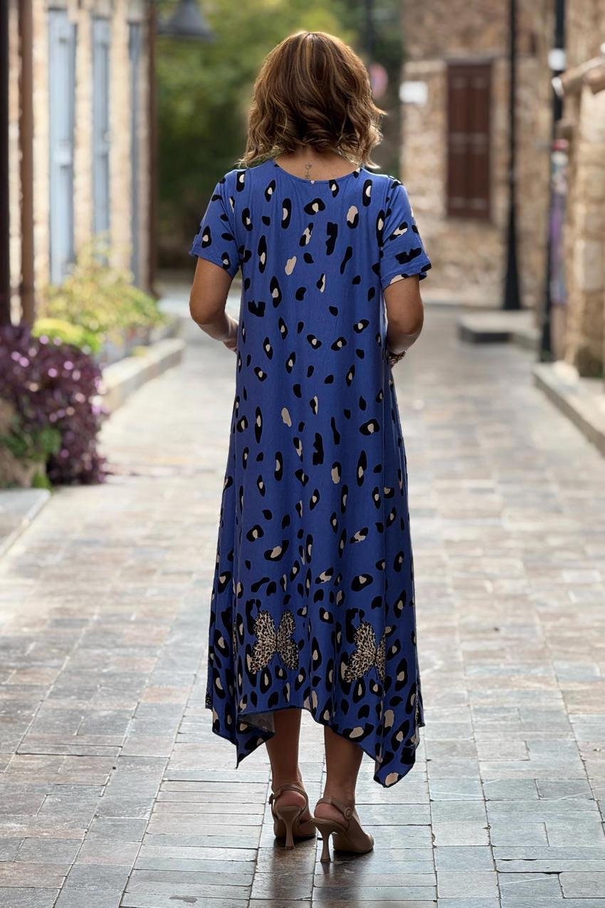Mavi Dalmaçyalı Desen Verev Kesim Elbise