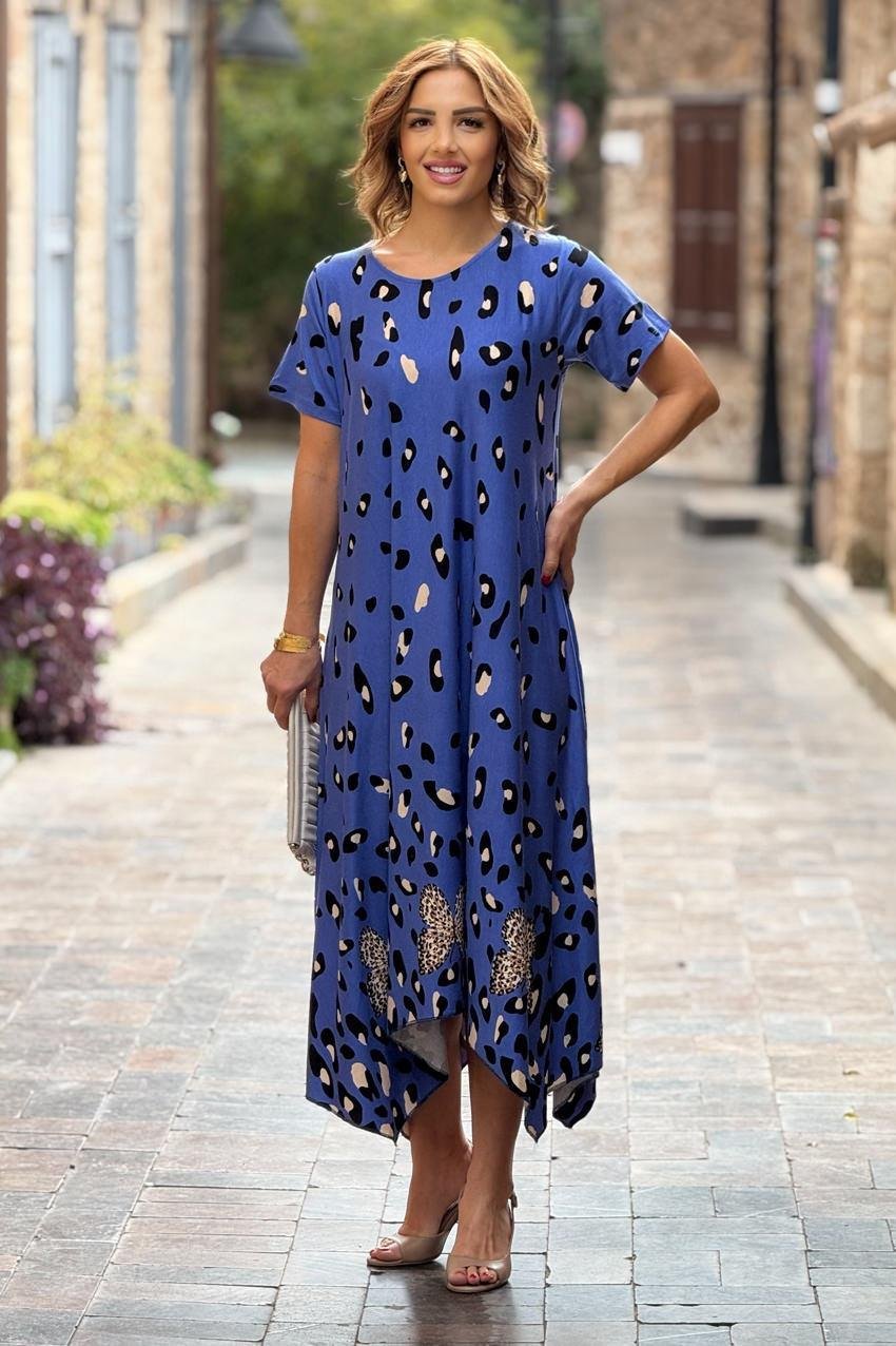 Mavi Dalmaçyalı Desen Verev Kesim Elbise