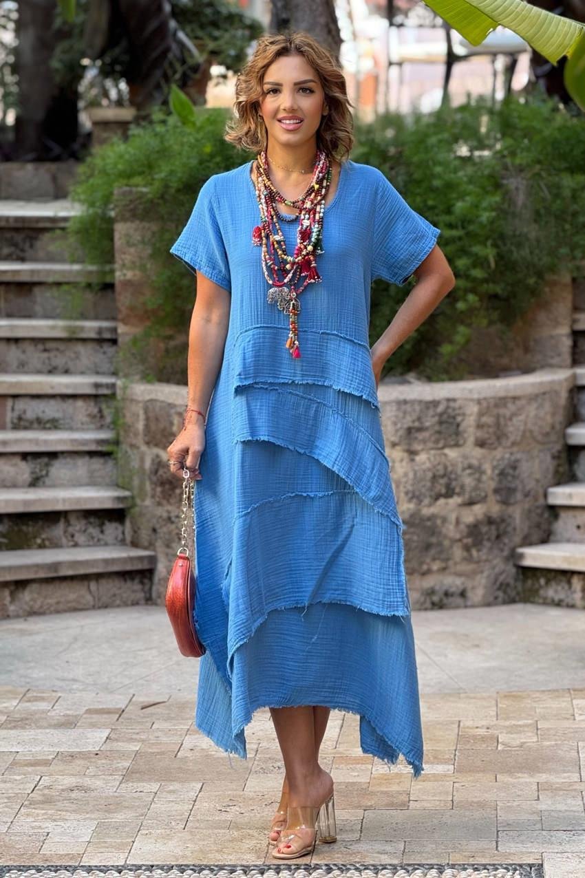 Mavi Datça Müslin Kumaş %100 Pamuk Elbise