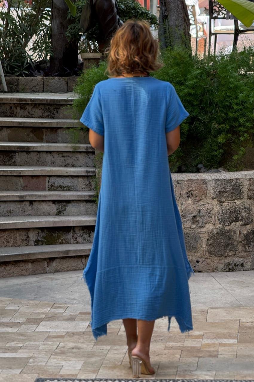 Mavi Datça Müslin Kumaş %100 Pamuk Elbise