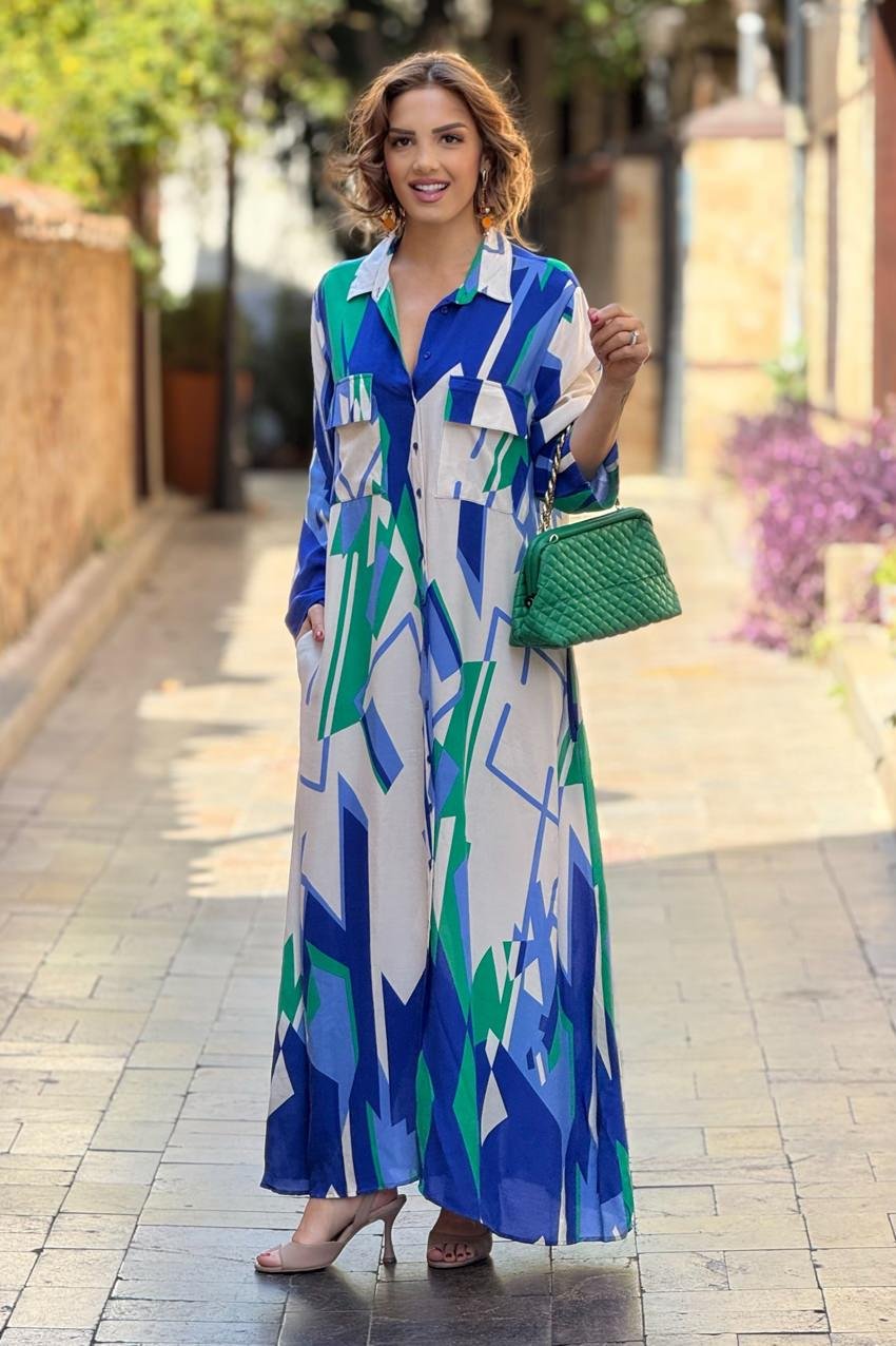 Mavi Geometrik Desenli %100 Pamuk Viskon Gömlek Elbise